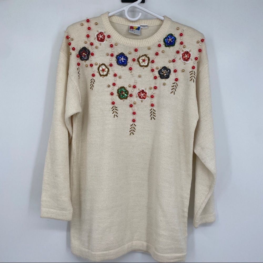 Focus Floral Embroidered Beaded Sequin Rib Nit Crewneck Multicolor Sweater